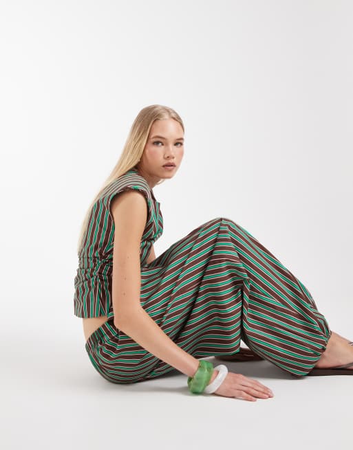ASOS DESIGN cotton nylon blend pull on balloon trousers in green and chocolate stripe, 2 of 7