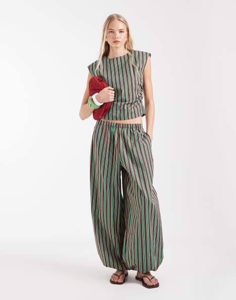 ASOS DESIGN cotton nylon blend pull on balloon trousers in green and chocolate stripe - view 1