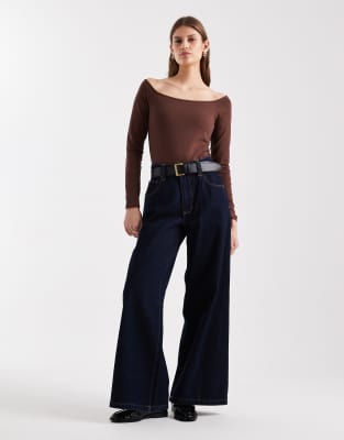 Asos Design Cotton Off Shoulder Bodysuit In Brown