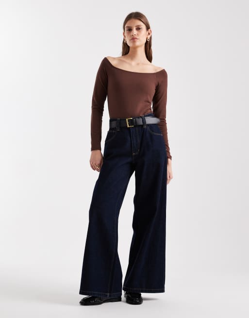 ASOS DESIGN cotton off-shoulder bodysuit in chocolate, 2 of 4