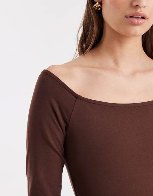ASOS DESIGN cotton off-shoulder bodysuit in chocolate, 3 of 4