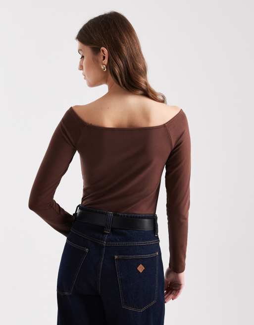 ASOS DESIGN cotton off-shoulder bodysuit in chocolate, 4 of 4