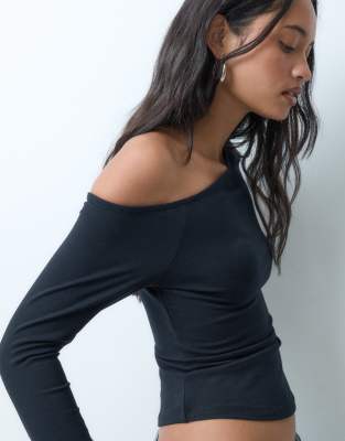 ASOS DESIGN cotton off shoulder long sleeve top in black