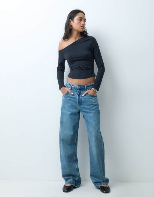 ASOS DESIGN cotton off shoulder long sleeve top in black, 2 of 4