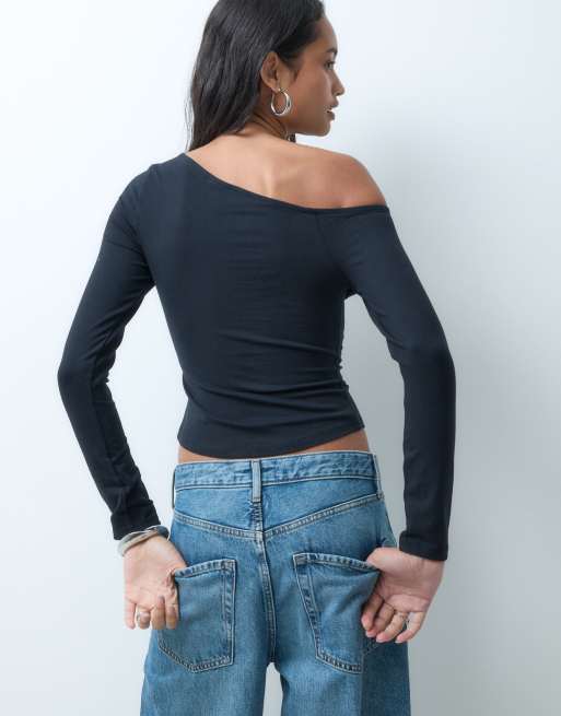 ASOS DESIGN cotton off shoulder long sleeve top in black, 4 of 4