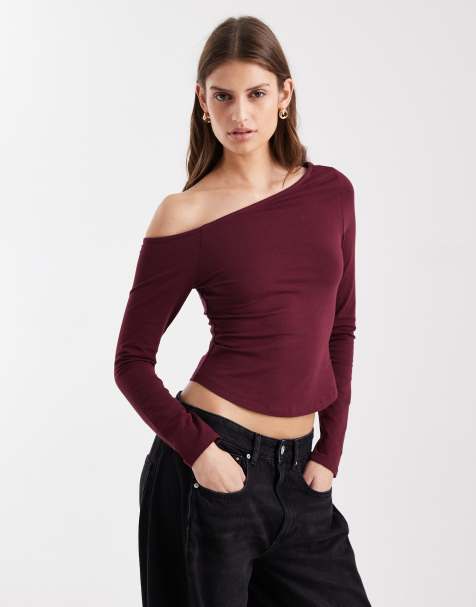 ASOS DESIGN cotton off shoulder long sleeve top in grape