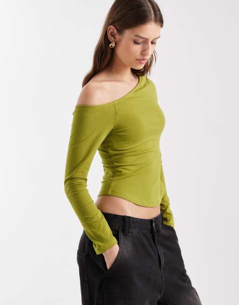ASOS DESIGN cotton off shoulder long sleeve top in green - view 1