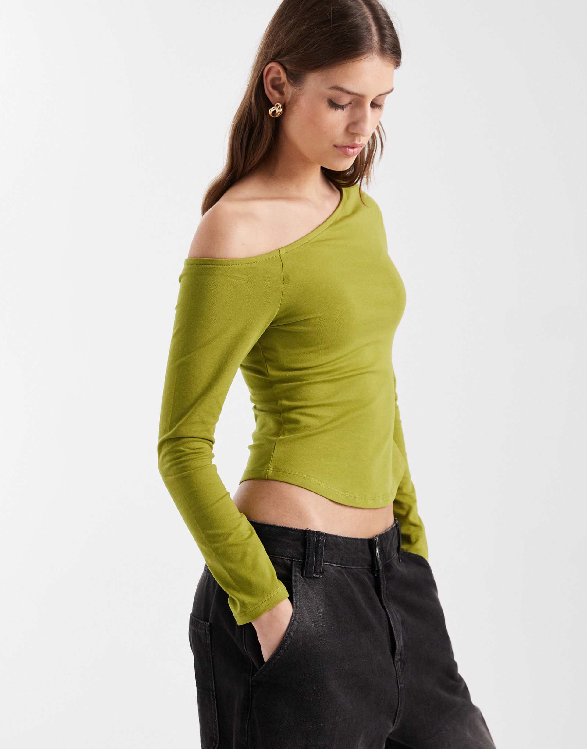 asos design cotton off-shoulder long sleeve top in green
