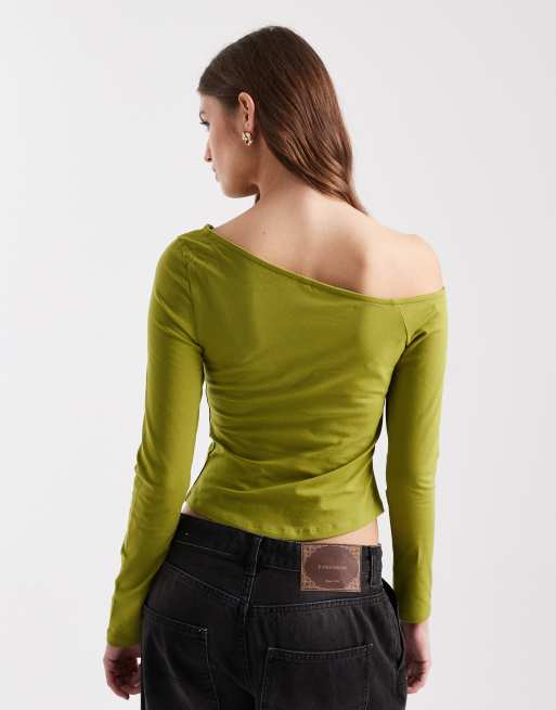 ASOS DESIGN cotton off shoulder long sleeve top in green, 4 of 4