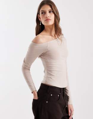 Asos Design Cotton Off-shoulder Long Sleeve Top In Neutral