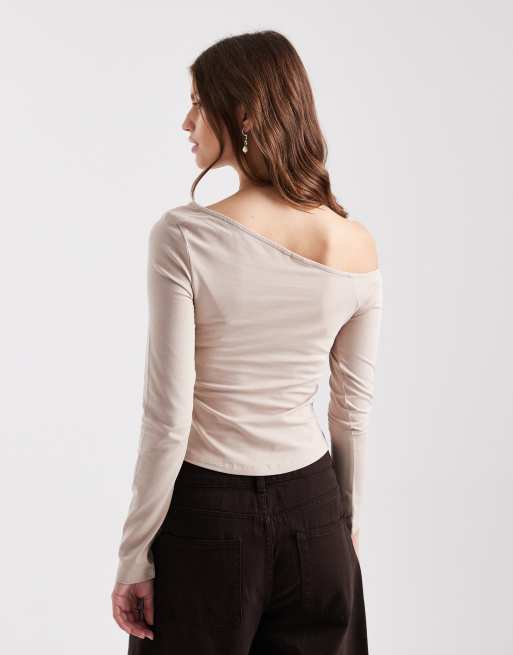 ASOS DESIGN cotton off shoulder long sleeve top in stone, 4 of 4