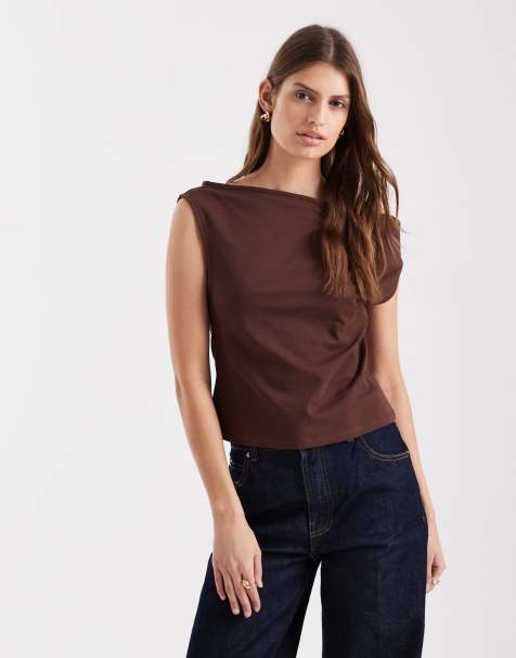ASOS DESIGN cotton off shoulder top in chocolate - view 1