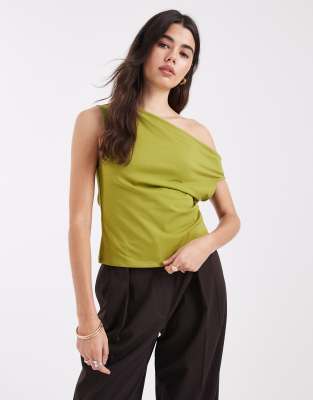 Asos Design Cotton Off Shoulder Top In Green