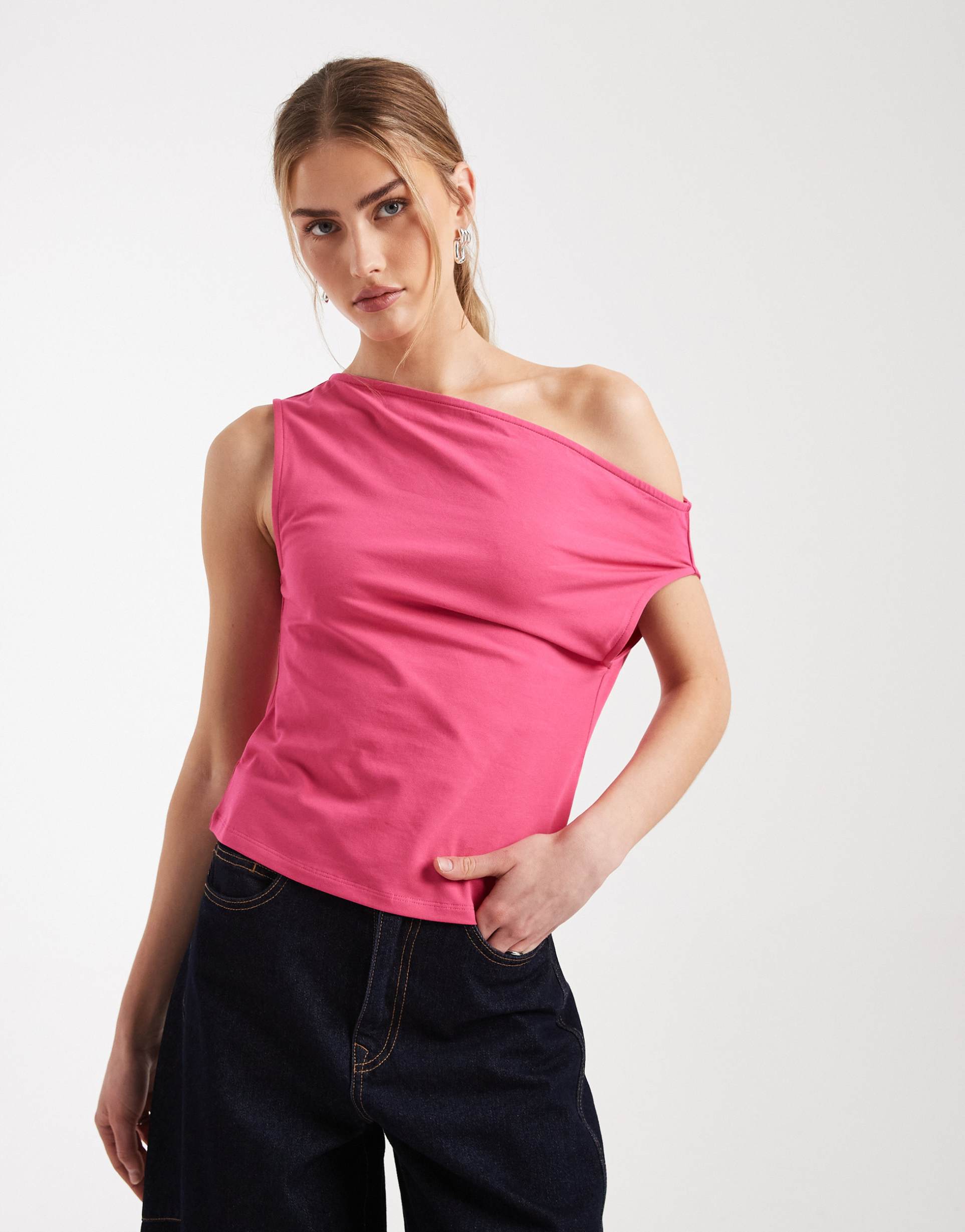 asos design cotton off shoulder top in magenta