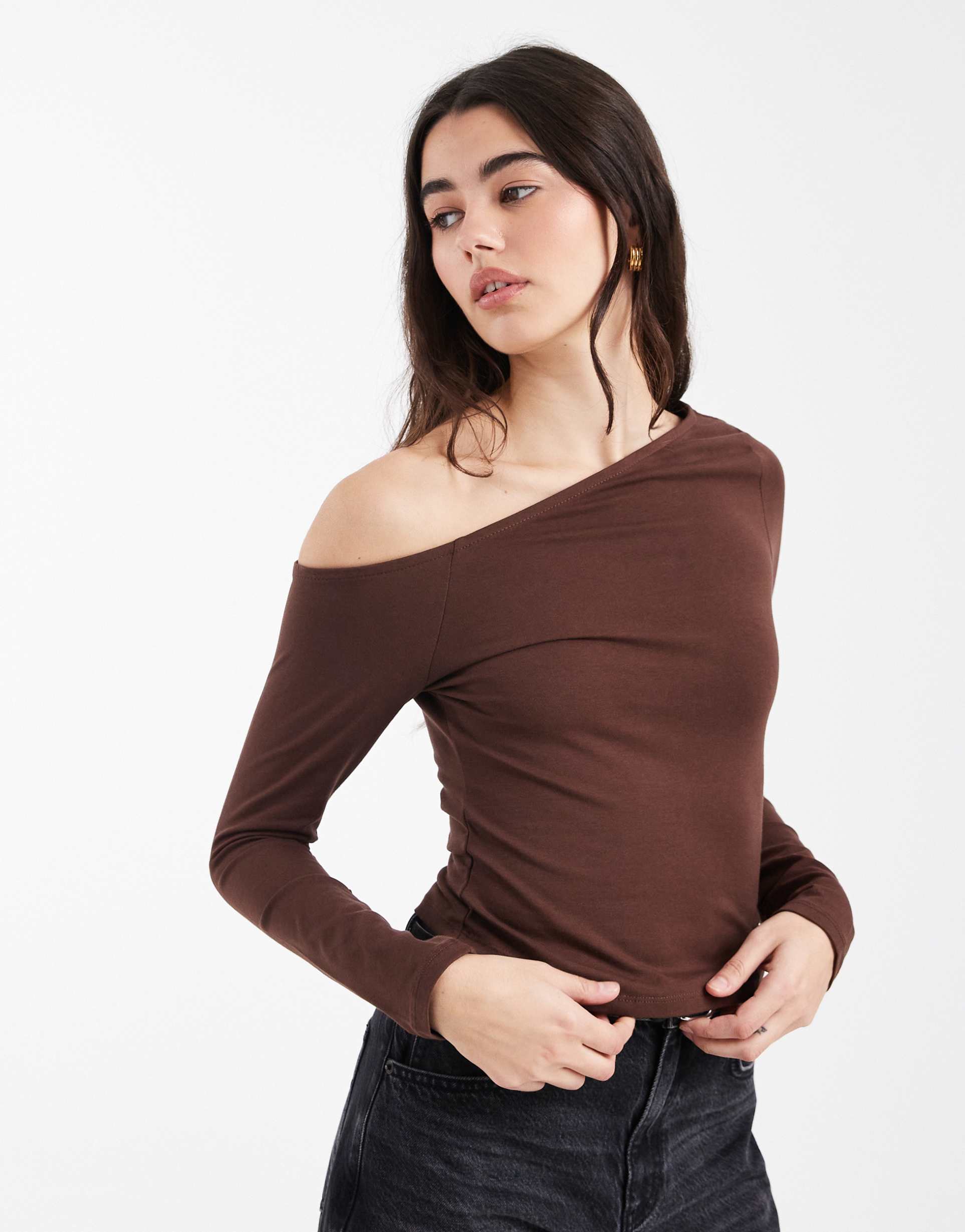 asos design cotton off the shoulder long sleeve top in chocolate