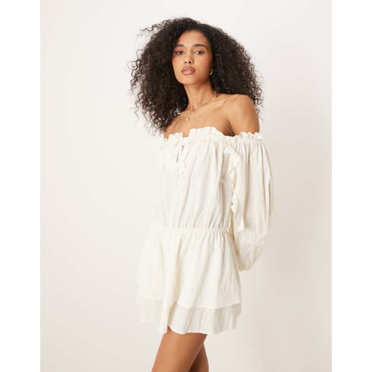 asos design one shoulder ruffle a-line mini dress cotton off the in cream Solid Color A-Line Maxi fabric-embroidered this dress combines comfort Colour:Blue