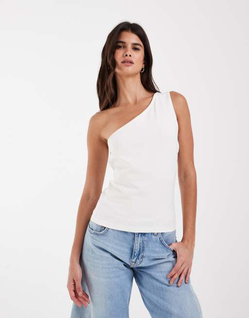 ASOS DESIGN cotton one shoulder top in ivory, 3 of 4
