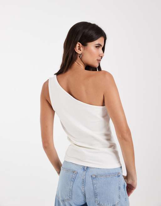 ASOS DESIGN cotton one shoulder top in ivory, 4 of 4