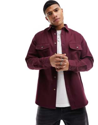 ASOS DESIGN cotton overshirt in burgundy-Red