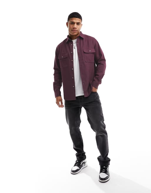 ASOS DESIGN cotton overshirt in burgundy , 3 of 4
