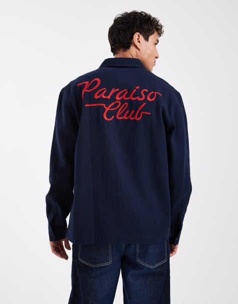 ASOS DESIGN cotton overshirt with back embroidery in navy