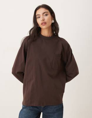 Asos Design Cotton Oversized Long Sleeve Top In Brown