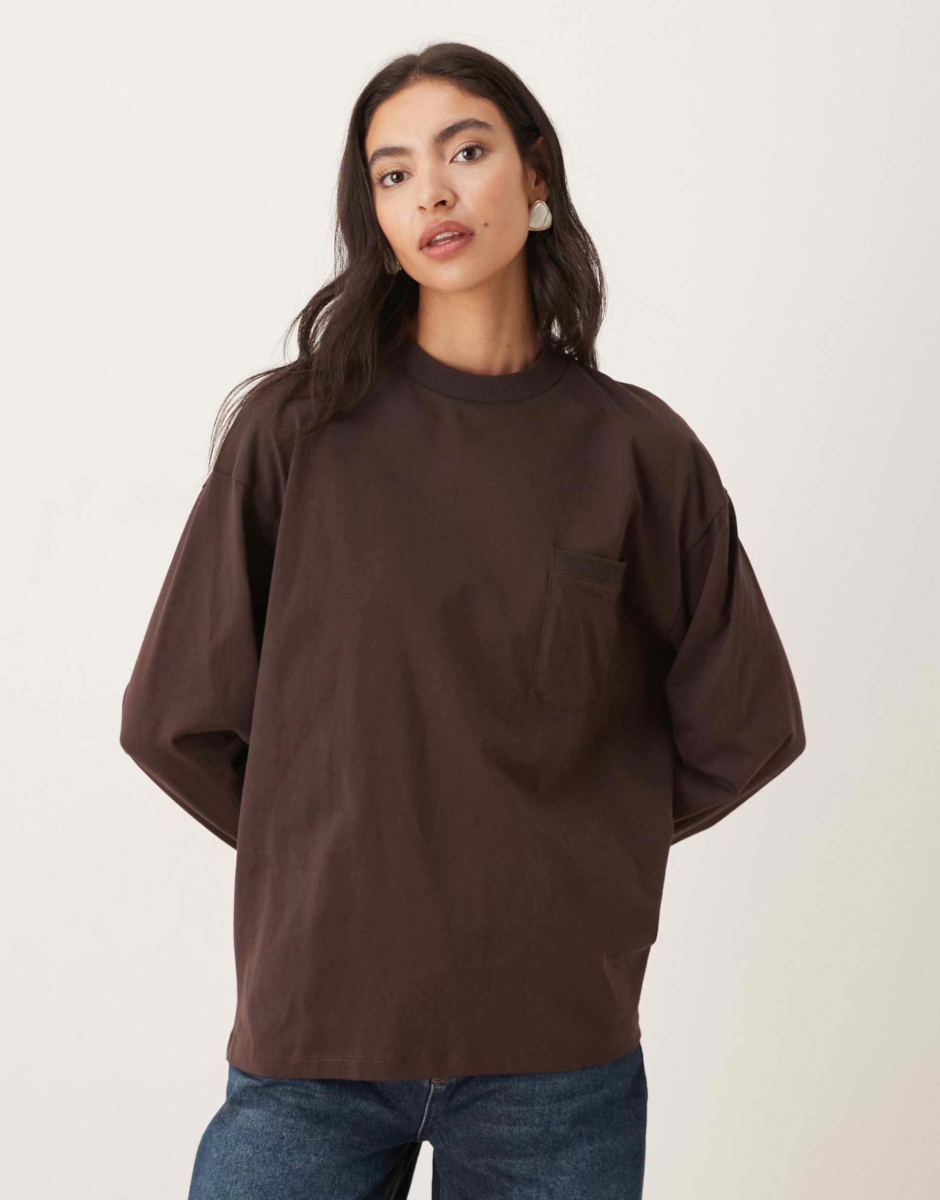 asos design cotton oversized long sleeve top in brown - part of a set