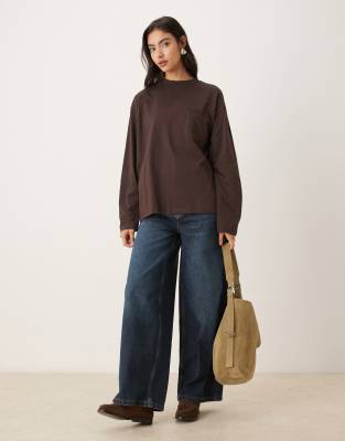 Asos Design Cotton Oversized Long Sleeve Top In Brown