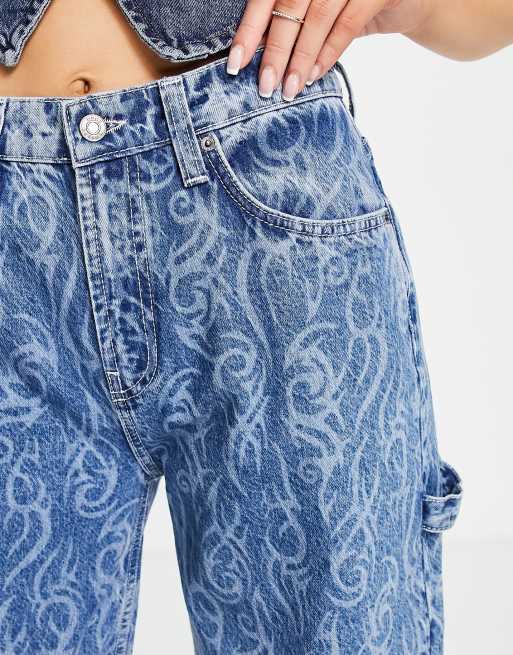 ASOS DESIGN cotton oversized 'skater' jeans in blue barbed wire print ...