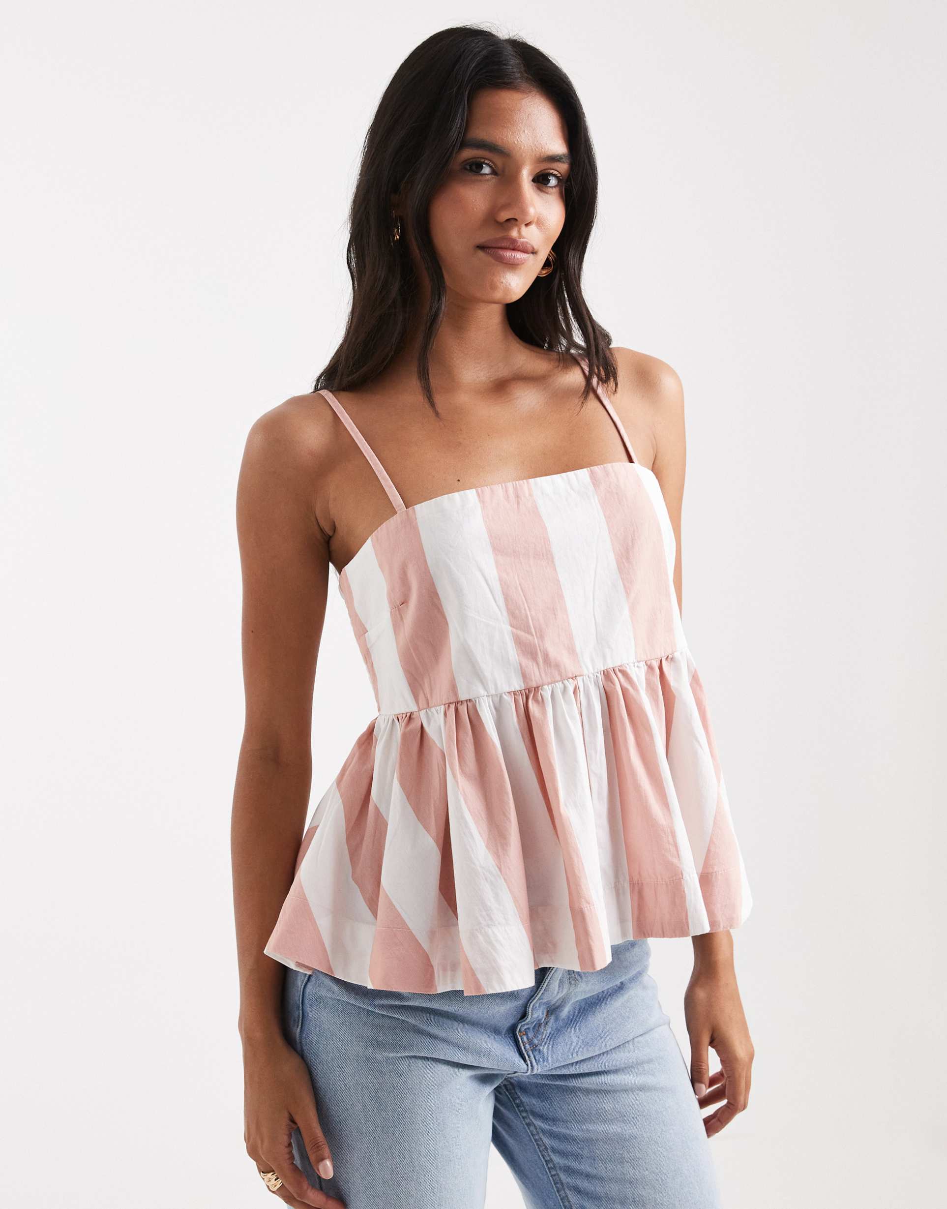 asos design cotton peplum cami top in pink stripe