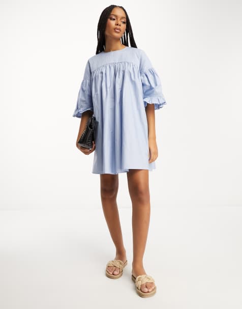 ASOS DESIGN cotton pintuck puff sleeve mini smock dress in blue - view 1