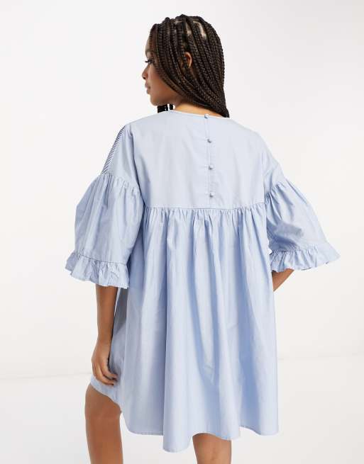 ASOS DESIGN cotton pintuck puff sleeve mini smock dress in blue | ASOS