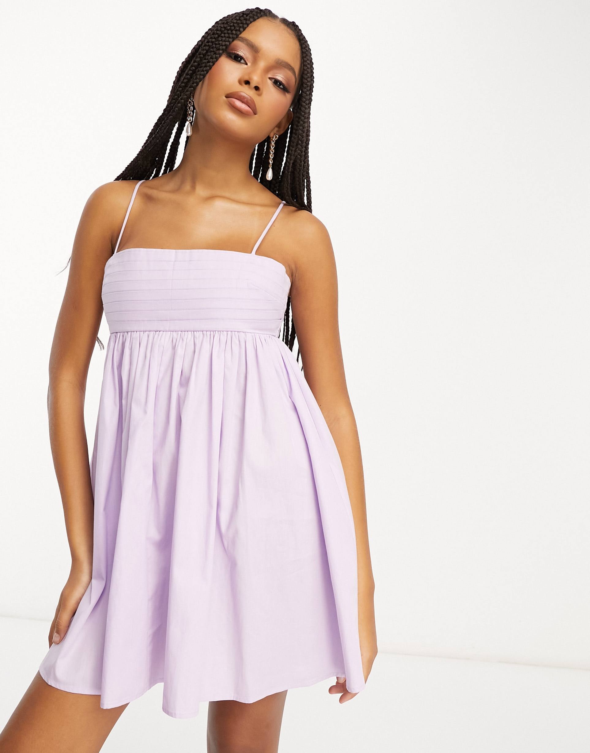 asos design cotton pleat bust babydoll mini sundress in lilac