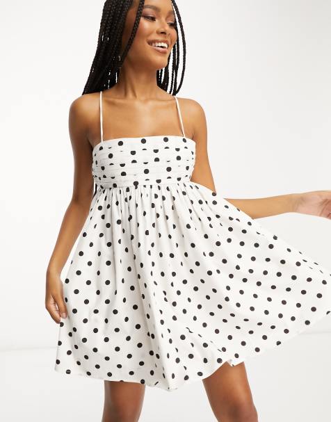 Long white dress clearance with black polka dots