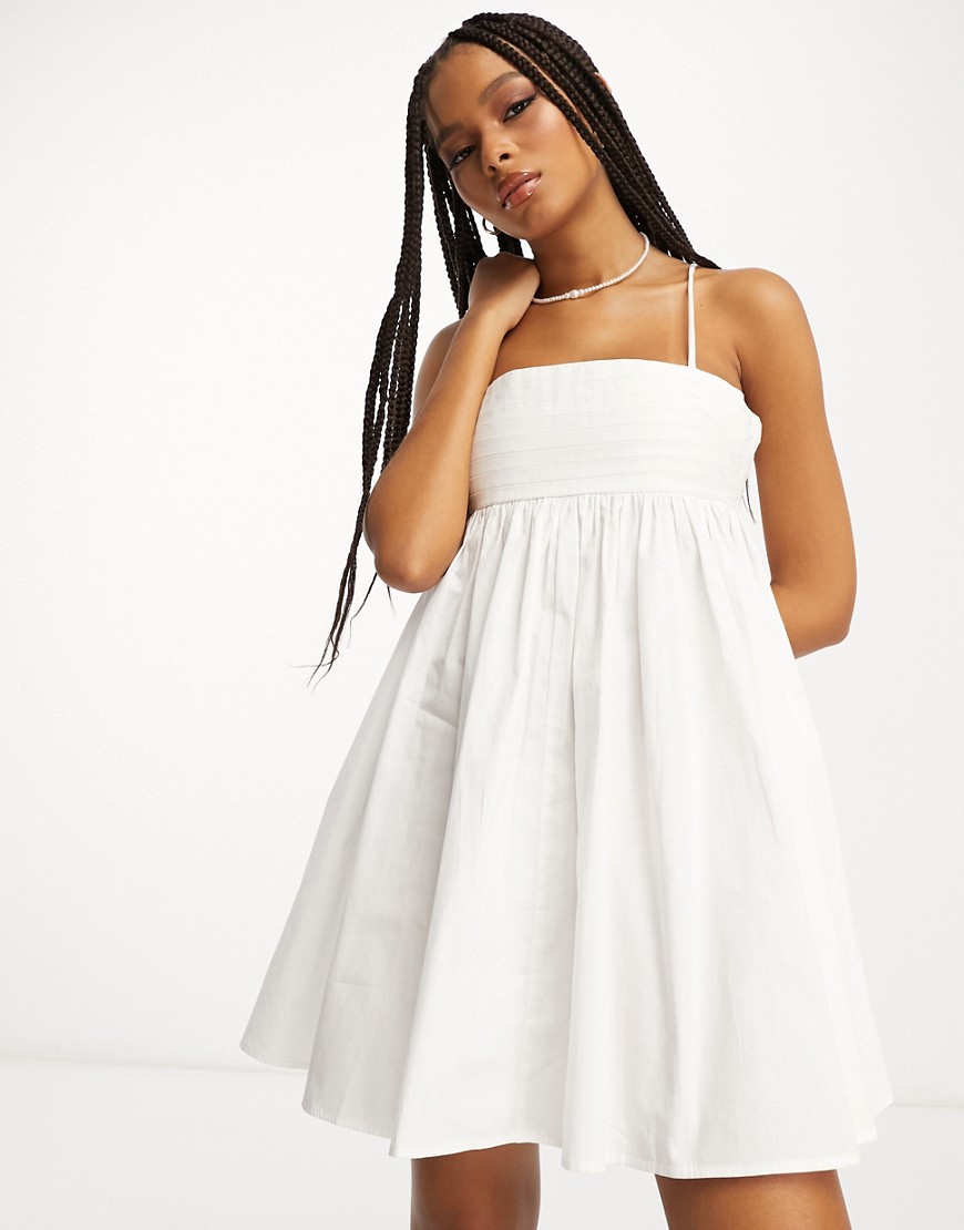 Asos Design Cotton Pleat Bust Babydoll Mini Sundress In White