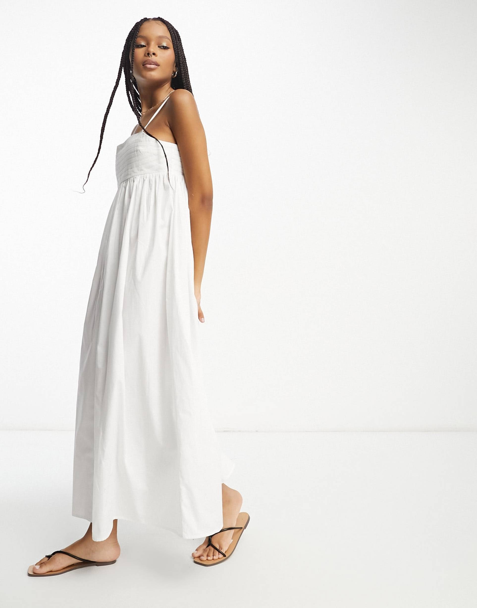 asos design cotton pleated bust midi babydoll sundress in white
