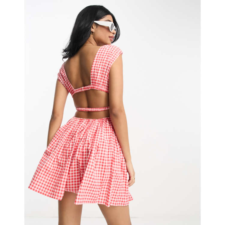 ASOS DESIGN cotton plunge button through mini sundress with elastic channel  detail in red gingham