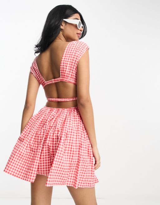 ASOS DESIGN cotton plunge button through mini sundress with elastic channel  detail in red gingham