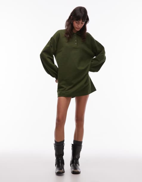 ASOS DESIGN cotton polo shirt sweat mini dress in forest green - DGREEN - view 1