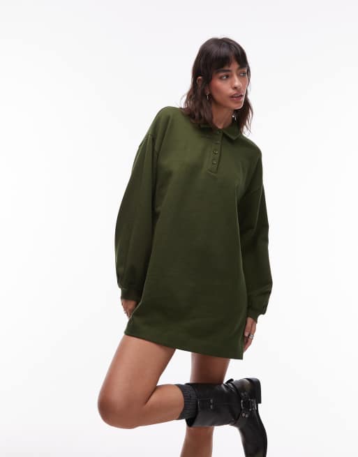ASOS DESIGN cotton polo shirt sweat mini dress in forest green - DGREEN, 2 of 4