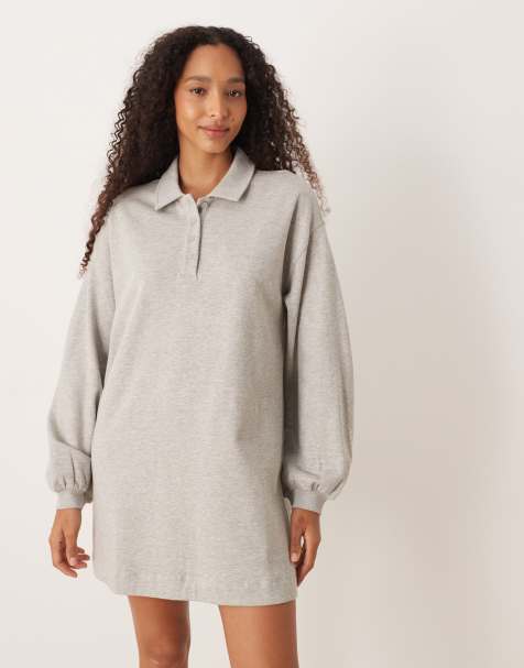 ASOS DESIGN cotton polo shirt sweat mini dress in grey marl - GREY - view 1