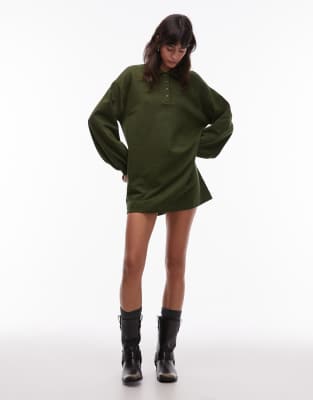 ASOS DESIGN cotton polo shirt sweatshirt mini dress in forest green