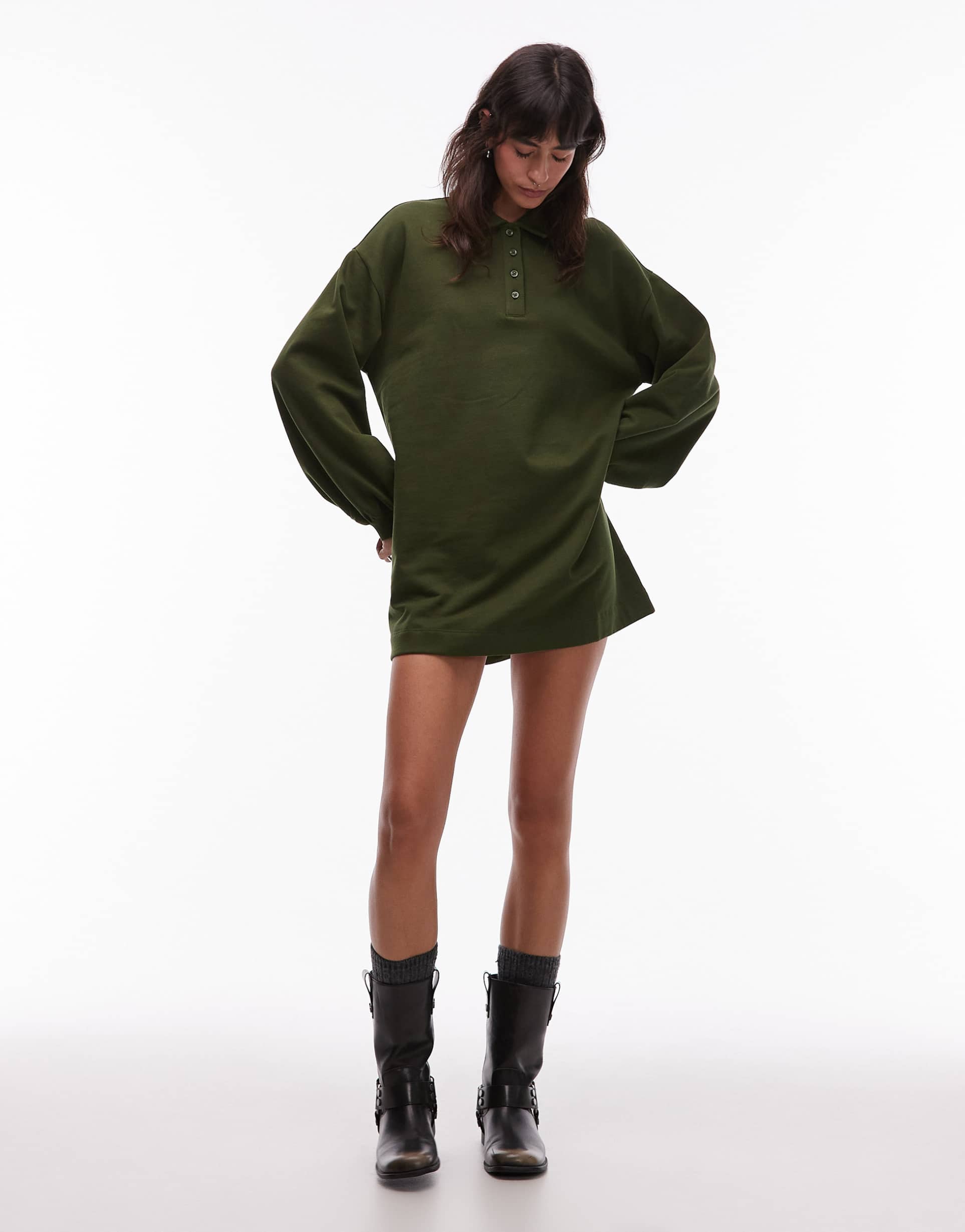 asos design cotton polo shirt sweatshirt mini dress in forest green