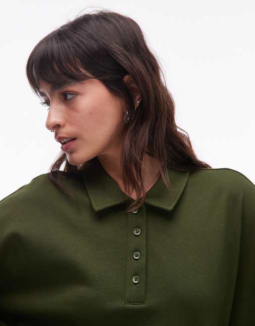 ASOS DESIGN cotton polo shirt sweatshirt mini dress in forest green, 3 of 4