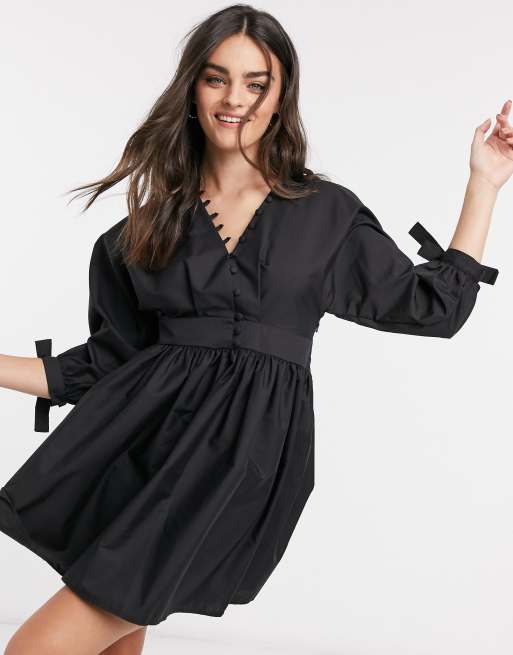 ASOS DESIGN cotton poplin button detail mini smock dress with tie sleeves in white, 4 of 4
