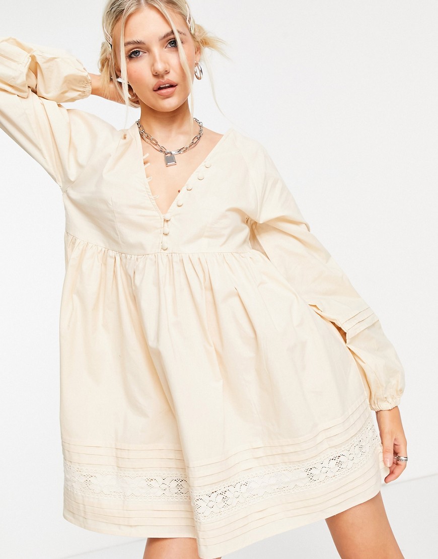 ASOS DESIGN cotton poplin button neck mini smock dress with tie sleeves and lace inserts in stone-Neutral