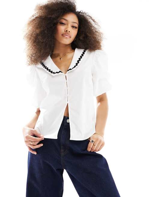 ASOS DESIGN cotton poplin collared shirt with trim detail in ivory
