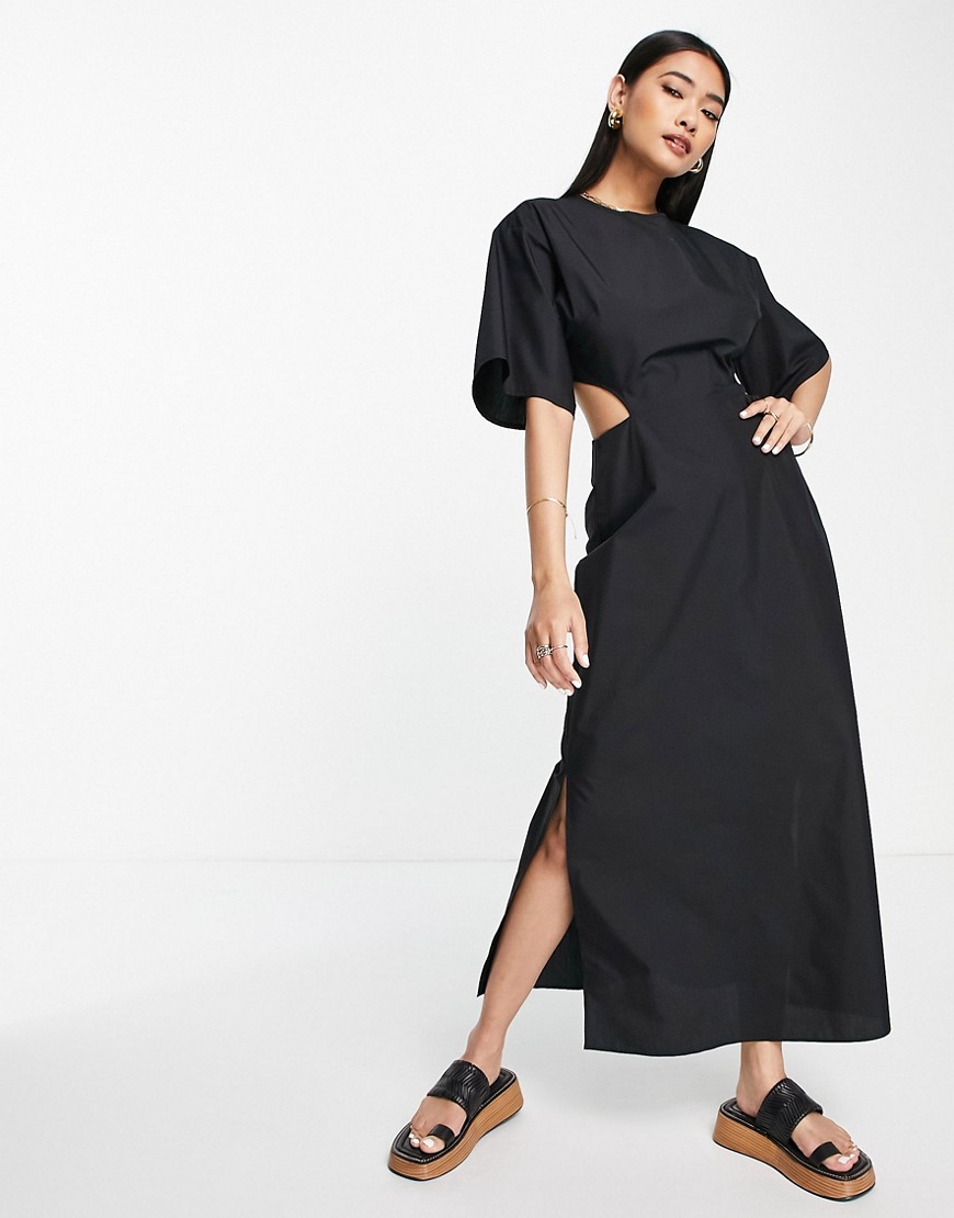 ASOS DESIGN cotton poplin cut-out waist midi dress in black