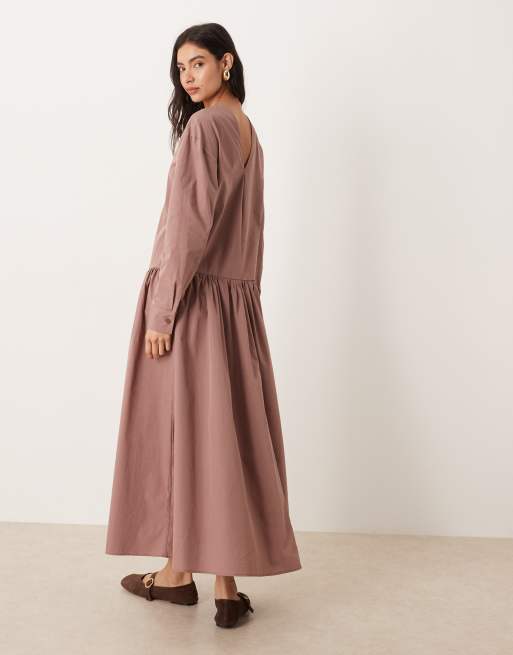ASOS DESIGN cotton poplin dropped waist maxi smock dress deep taupe, 3 of 4