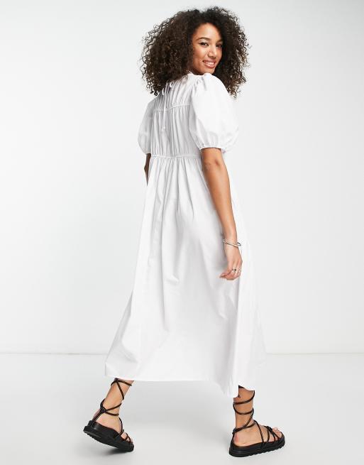 ASOS DESIGN cotton poplin gathered tiered midi dress in white